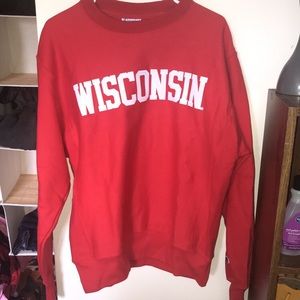 Champion red crewneck with white letters sewn on